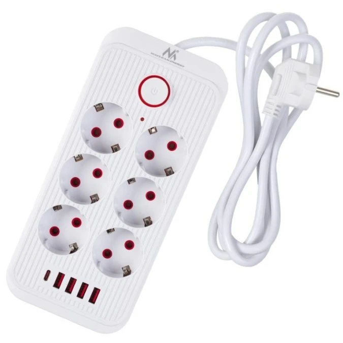 Listwa zasilająca Maclean, przedłużacz 6 gniazd + 4xUSB, 110‑240V AC 50/60Hz, 2.1A max 2500W, 1,5 m, biała, MCE389 W - obrazek 2