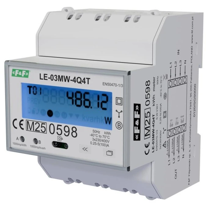 Licznik energii elektrycznej 3‑fazowy 2‑kierunkowy 4‑kwadrantowy z podziałem na strefy taryfowe LE‑03MW‑4Q4T - obrazek 1