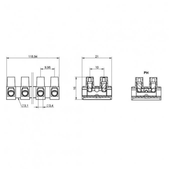 Listwa zaciskowa gwintowa MT 1106 PH ‑ 6 mm² ‑ 12‑torowa - obrazek 2