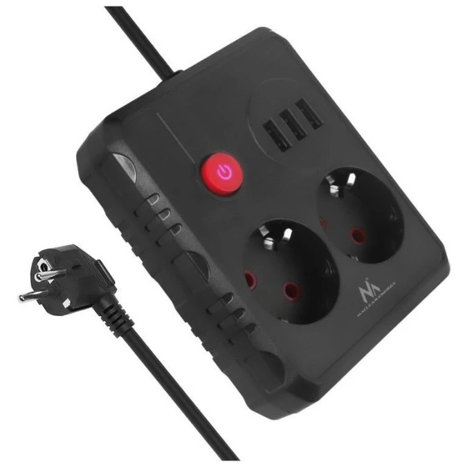 Listwa zasilająca Maclean, przedłużacz 2 gniazda + 3xUSB, 110‑240V AC 50/60Hz, 2.1A max 2500W, 1.5m, czarna, MCE387 B - obrazek 1