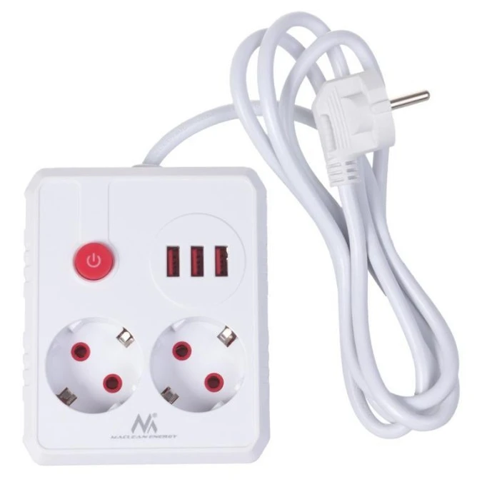 Listwa zasilająca Maclean, przedłużacz 2 gniazda + 3xUSB, 110‑240V AC 50/60Hz, 2.1A max 2500W, 1.5m, biała, MCE387 W - obrazek 2