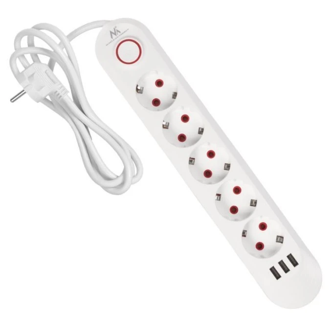 Listwa zasilająca Maclean, przedłużacz 5 gniazd + 3xUSB, 110‑240V AC 50/60Hz, 2.1A max 2500W, 1,5m, biała ,MCE395 W - obrazek 2