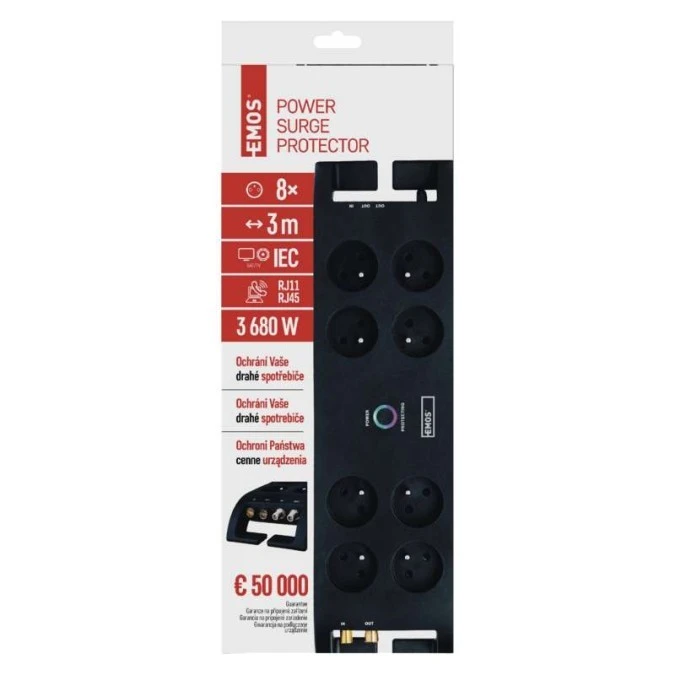 Listwa zasilająca przeciwprzepięciowa 1800J, TV + RJ54/11, 8 gniazd 3m, czarna P54052 - obrazek 2