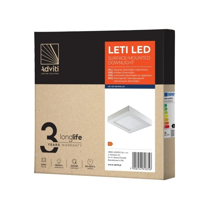 LETI LED 24W, oprawa downlight, natynkowa, kwadratowa, 1900lm, 3000K, biała, wbudowany zasilacz LED,AD‑OD‑6075WLX3 - obrazek 2