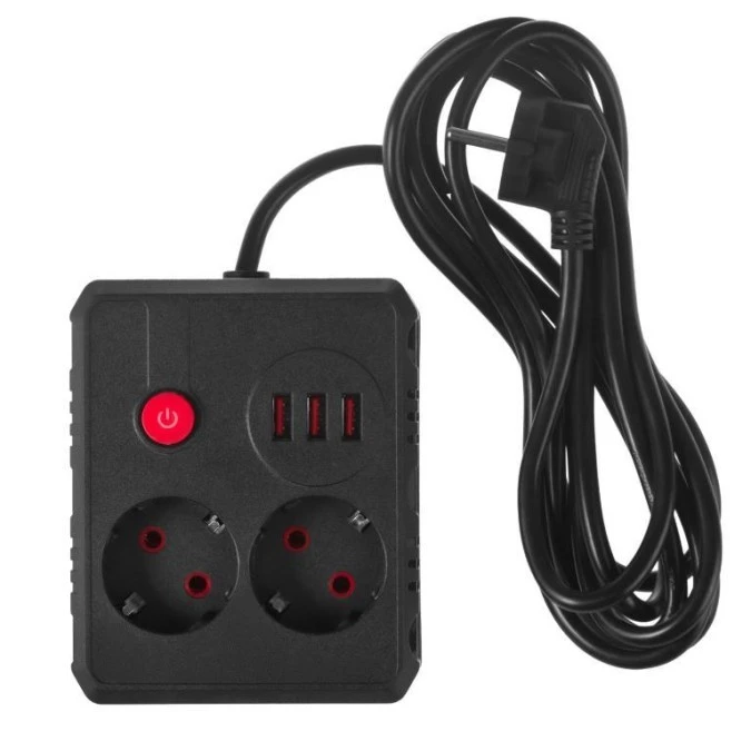 Listwa zasilająca Maclean, przedłużacz 2 gniazda + 3xUSB, 110‑240V AC 50/60Hz, 2.1A max 2500W, 3 m, czarna, MCE388 B - obrazek 2