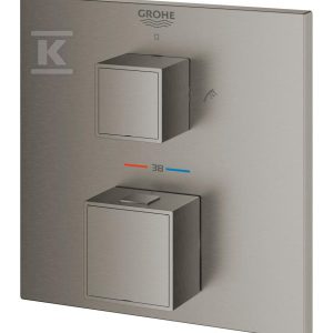 Bateria wannowa Grohe Grohtherm Cube termostatyczna do obsługi dwóch wyjść wody, brushed hard graphite, montaż ścienny podtynkowy, blokada bezpieczeństwa, przełącznik wyjść wody zintegrowany z regulacją ciśnienia, metalowa rozeta, nadrukowane symbole wanny i prysznica 24155AL0