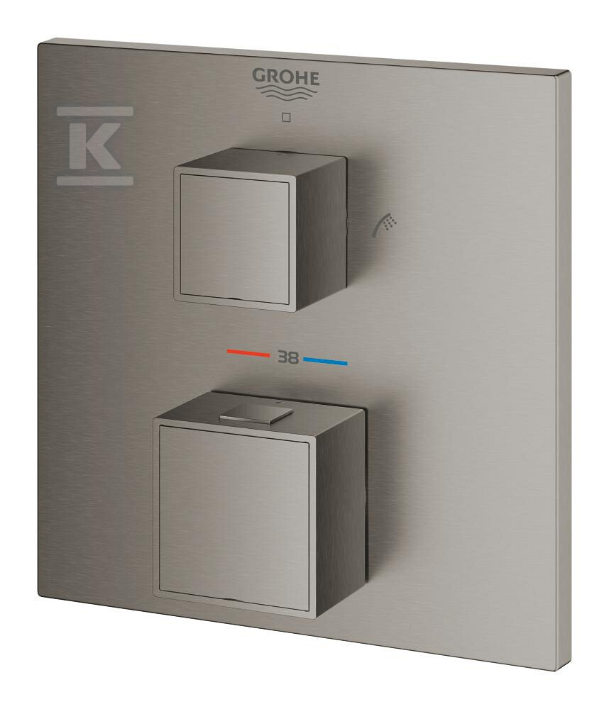 Bateria wannowa Grohe Grohtherm Cube termostatyczna do obsługi dwóch wyjść wody, brushed hard graphite, montaż ścienny podtynkowy, blokada bezpieczeństwa, przełącznik wyjść wody zintegrowany z regulacją ciśnienia, metalowa rozeta, nadrukowane symbole wanny i prysznica 24155AL0 - obrazek 1