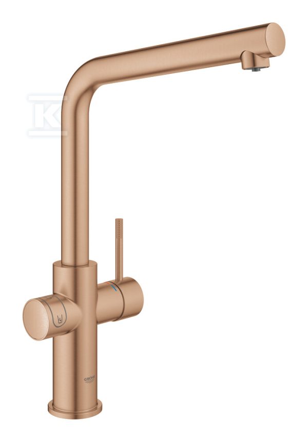 Zestaw startowy GROHE Blue Home z wylewką w kształcie L, brushed warm sunset, bateria, filtr rozmiar S, chłodziarka i butla CO2, dostęp do wody zwykłej i filtrowanej/gazowanej kąt obrotu wylewki 150°, moduł Buetooth, głowica ceramiczna 28 mm 31454DL1