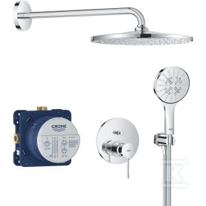 Podtynkowy zestaw prysznicowy Essence z deszczownicą Rainshower Mono 310, elementy składowe: jednouchwytowa bateria podtynkowa do obsługi dwóch wyjść wody, Rapido SmartBox uniwersalny element podtynkowy, deszczownica z ramieniem 422 mm, słuchawka prysznicowa 3 strumienie, kolanko prysznicowe 1/2″ z uchwytem, wąż prysznicowy 1500 mm 25287000