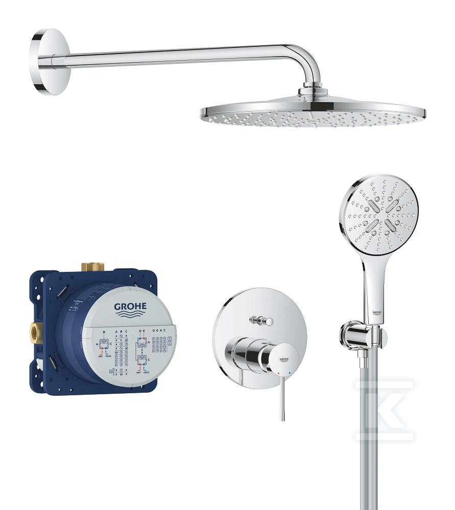 Podtynkowy zestaw prysznicowy Essence z deszczownicą Rainshower Mono 310, elementy składowe: jednouchwytowa bateria podtynkowa do obsługi dwóch wyjść wody, Rapido SmartBox uniwersalny element podtynkowy, deszczownica z ramieniem 422 mm, słuchawka prysznicowa 3 strumienie, kolanko prysznicowe 1/2" z uchwytem, wąż prysznicowy 1500 mm 25287000 - obrazek 1