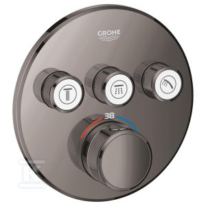 Bateria termostatyczna Grohtherm SmartControl do obsługi trzech wyjść wody, hard graphite, blokada bezpieczeństwa, metalowa, okrągła rozeta, przełącznik SmartControl, montaż ścienny podtynkowy 29121A00