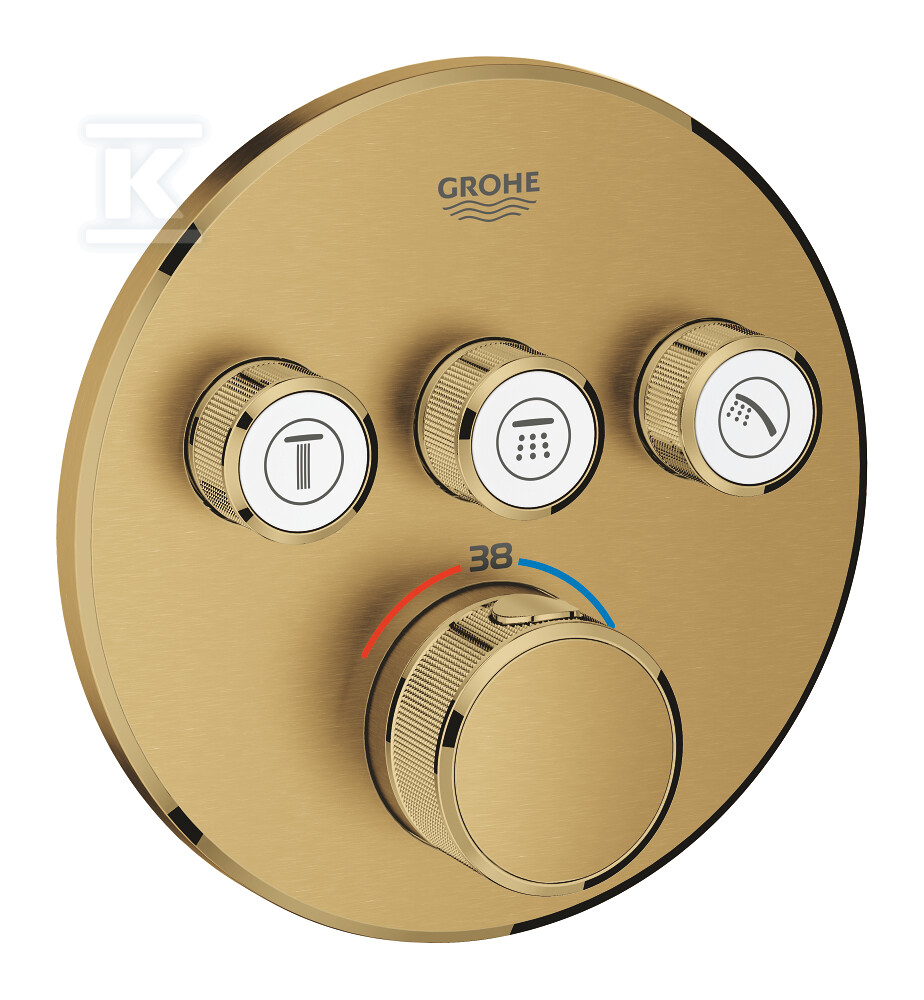 Bateria termostatyczna Grohtherm SmartControl do obsługi trzech wyjść wody, brushed cool sunrise, blokada bezpieczeństwa, metalowa, okrągła rozeta, przełącznik SmartControl, montaż ścienny podtynkowy 29121GN0 - obrazek 1