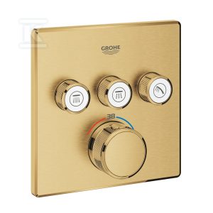 Bateria termostatyczna Grohtherm SmartControl do obsługi trzech wyjść wody, brushed cool sunrise, blokada bezpieczeństwa, metalowa, kwadratowa rozeta, przełącznik SmartControl, montaż ścienny podtynkowy 29126GN0