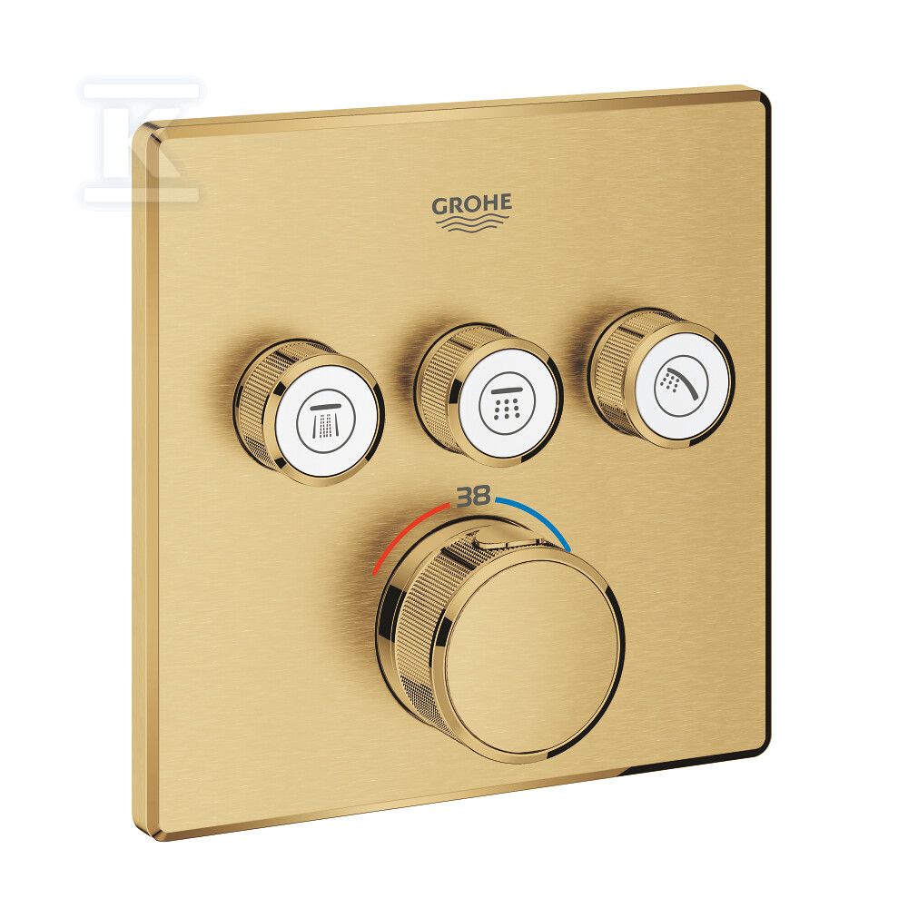 Bateria termostatyczna Grohtherm SmartControl do obsługi trzech wyjść wody, brushed cool sunrise, blokada bezpieczeństwa, metalowa, kwadratowa rozeta, przełącznik SmartControl, montaż ścienny podtynkowy 29126GN0 - obrazek 1