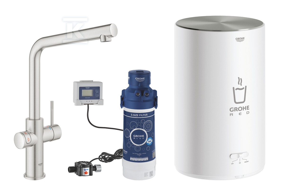 System gotujący wodę GROHE Red Duo kuchenny, stal nierdzewna, kąt obrotu wylewki typu L 150°, brojler w rozmiarze M (pojemność 4 l), dostęp do wody zwykłej i wrzątku, blokada bezpieczeństwa, głowica ceramiczna 28 mm 30327DC1 - obrazek 1