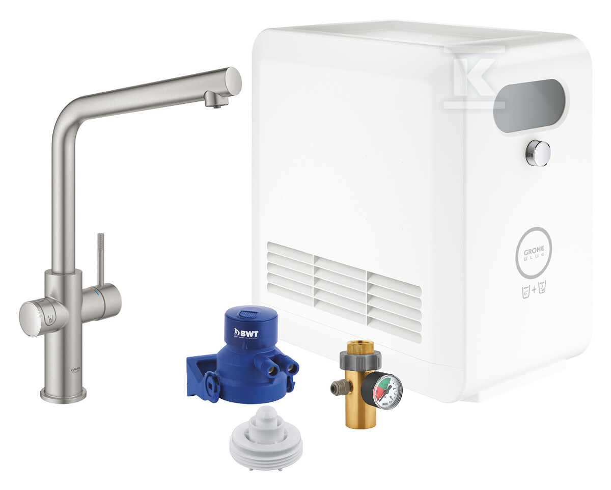 Zestaw Grohe Blue Professional z wylewką w kształcie L, stal nierdzewna, bateria i chłodziarka, dostęp do wody zwykłej i filtrowanej / gazowanej, kąt obrotu wylewki 150° moduł Buetooth, głowica Ceramiczna 28 mm, większa wydajność - do 12 l schłodzonej wody na godzinę 31347DC3 - obrazek 1