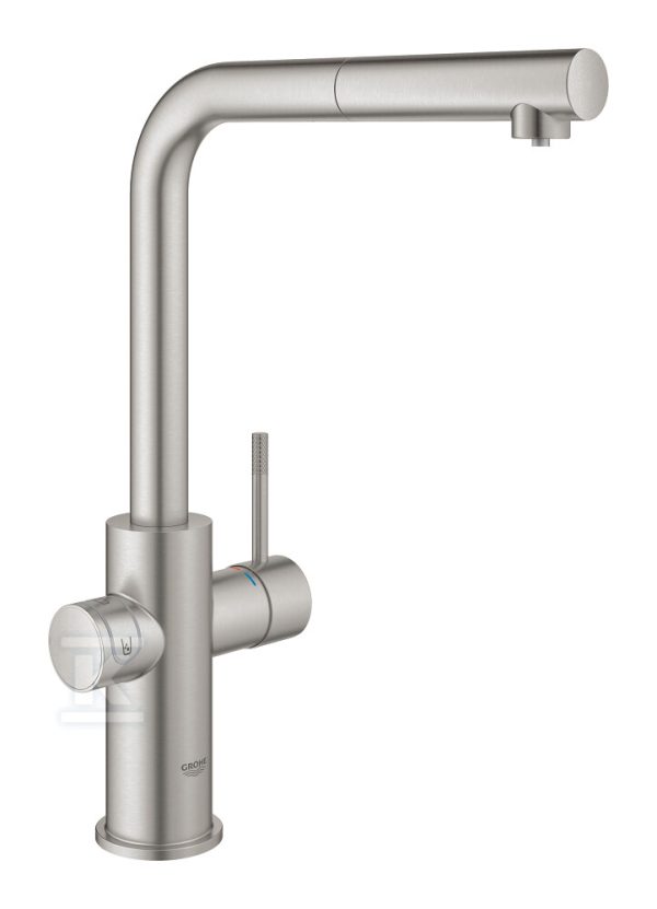 Zestaw startowy Grohe Blue Home z wylewką w kształcie L, stal nierdzewna, bateria, filtr 600 l, chłodziarka i butla CO2, dostęp do wody zwykłej i filtrowanej / gazowanej, kąt obrotu wylewki 360° moduł Buetooth, głowica Ceramiczna 28 mm, wyciągana wylewka 31539DC0
