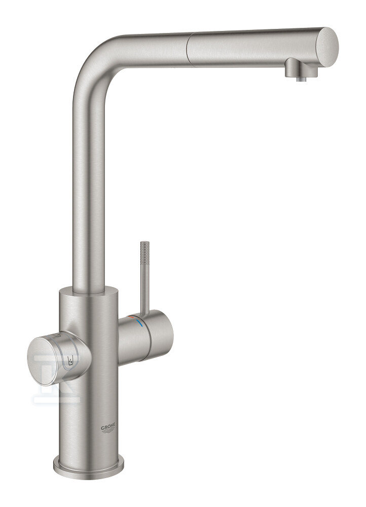 Zestaw startowy Grohe Blue Home z wylewką w kształcie L, stal nierdzewna, bateria, filtr 600 l, chłodziarka i butla CO2, dostęp do wody zwykłej i filtrowanej / gazowanej, kąt obrotu wylewki 360° moduł Buetooth, głowica Ceramiczna 28 mm, wyciągana wylewka 31539DC0 - obrazek 1