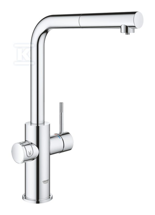 Zestaw startowy Grohe Blue Home z wylewką w kształcie L, chrom, bateria, filtr 600 l, chłodziarka i butla CO2, dostęp do wody zwykłej i filtrowanej / gazowanej, kąt obrotu wylewki 360° moduł Buetooth, głowica Ceramiczna 28 mm, wyciągana wylewka 31539000