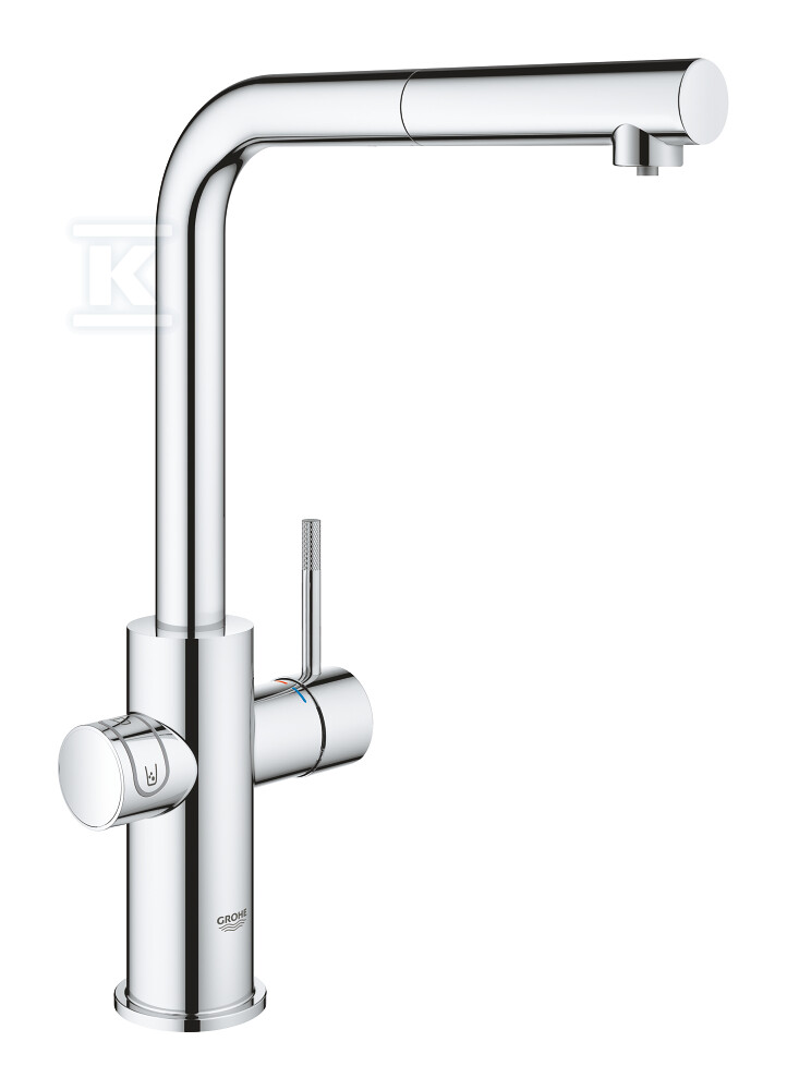 Zestaw startowy Grohe Blue Home z wylewką w kształcie L, chrom, bateria, filtr 600 l, chłodziarka i butla CO2, dostęp do wody zwykłej i filtrowanej / gazowanej, kąt obrotu wylewki 360° moduł Buetooth, głowica Ceramiczna 28 mm, wyciągana wylewka 31539000 - obrazek 1