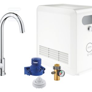 Zestaw Grohe Blue Professional z wylewką w kształcie C, chrom, zawór sztorcowy i chłodziarka, dostęp tylko do wody filtrowanej / gazowanej, kąt obrotu wylewki 150° moduł Buetooth, większa wydajność – do 12 l schłodzonej wody na godzinę 31302002 Zestaw Grohe Blue Professional z wylewką w kształcie C, chrom, zawór sztorcowy i chłodziarka, dostęp tylko do wody filtrowanej / gazowanej, kąt obrotu wylewki 150° moduł Buetooth, większa wydajność – do 12 l schłodzonej wody na godzinę 31302002
