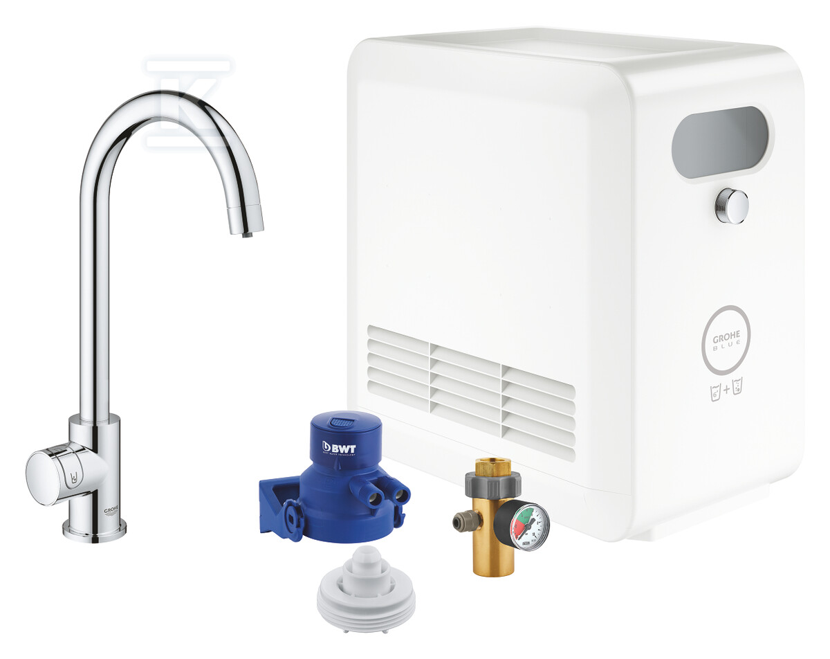 Zestaw Grohe Blue Professional z wylewką w kształcie C, chrom, zawór sztorcowy i chłodziarka, dostęp tylko do wody filtrowanej / gazowanej, kąt obrotu wylewki 150° moduł Buetooth, większa wydajność - do 12 l schłodzonej wody na godzinę 31302002 - obrazek 1
