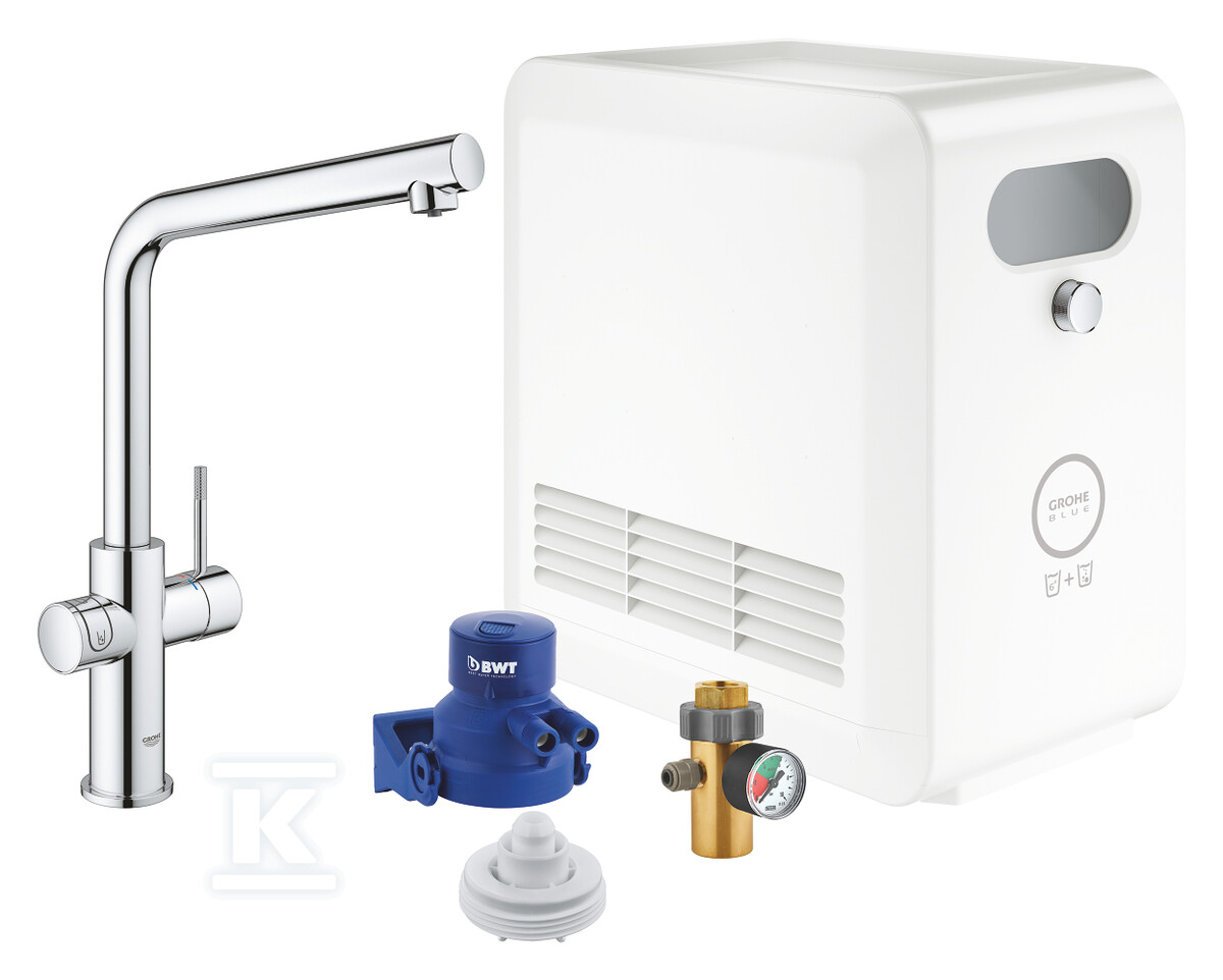 Zestaw Grohe Blue Professional z wylewką w kształcie L, chrom, bateria i chłodziarka, dostęp do wody zwykłej i filtrowanej / gazowanej, kąt obrotu wylewki 150° moduł Buetooth, głowica Ceramiczna 28 mm 31347003 - obrazek 1
