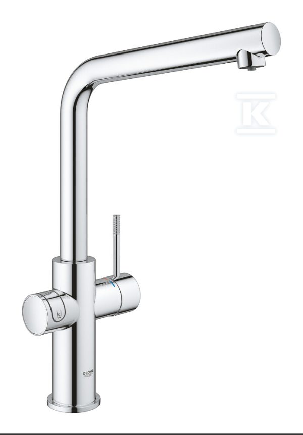 Zestaw startowy GROHE Blue Home z wylewką w kształcie L, chrom, bateria, filtr rozmiar S, chłodziarka i butla CO2, dostęp do wody zwykłej i filtrowanej/gazowanej, kąt obrotu wylewki 150°, moduł Buetooth, głowica ceramiczna 28 mm 31454001