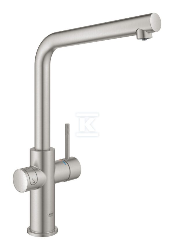 Zestaw startowy Grohe Blue Home z wylewką w kształcie L, stal nierdzewna, bateria, filtr 600 l, chłodziarka i butla CO2, dostęp do wody zwykłej i filtrowanej / gazowanej, kąt obrotu wylewki 150° moduł Buetooth, głowica Ceramiczna 28 mm 31454DC1