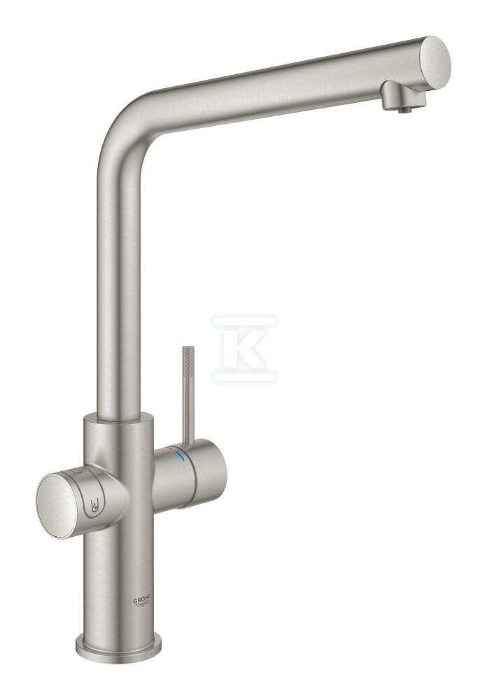 Zestaw startowy Grohe Blue Home z wylewką w kształcie L, stal nierdzewna, bateria, filtr 600 l, chłodziarka i butla CO2, dostęp do wody zwykłej i filtrowanej / gazowanej, kąt obrotu wylewki 150° moduł Buetooth, głowica Ceramiczna 28 mm 31454DC1 - obrazek 1