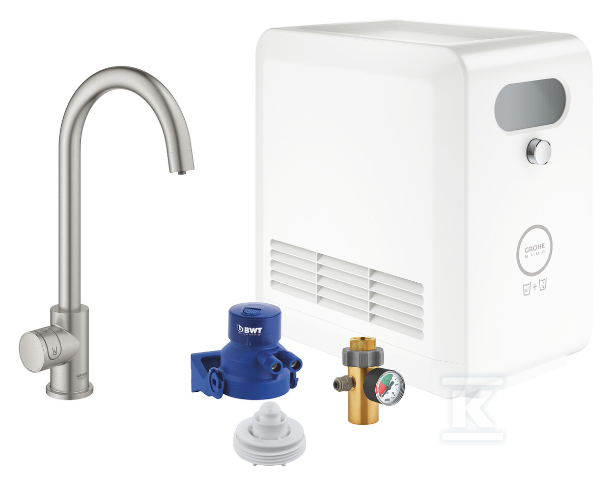 Zestaw Grohe Blue Professional z wylewką w kształcie C, stal nierdzewna, zawór sztorcowy i chłodziarka, dostęp tylko do wody filtrowanej / gazowanej, kąt obrotu wylewki 150° moduł Buetooth, większa wydajność - do 12 l schłodzonej wody na godzinę 31302DC2 - obrazek 1