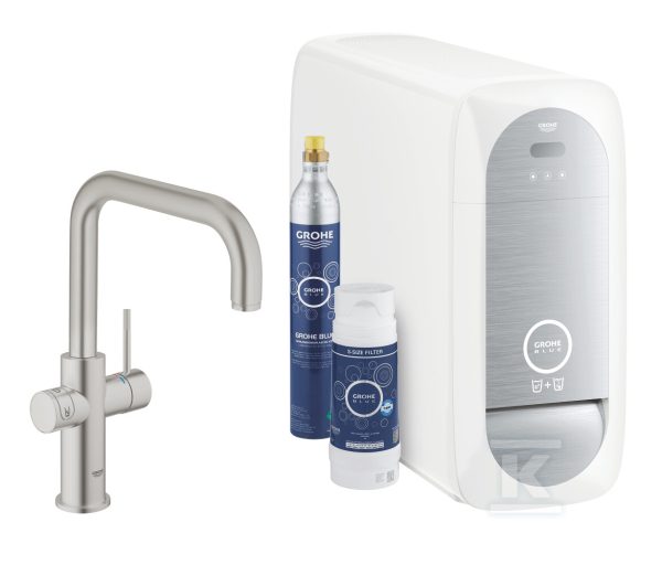 Zestaw startowy Grohe Blue Home z wylewką w kształcie U, stal nierdzewna, bateria, filtr 600 l, chłodziarka i butla CO2, dostęp do wody zwykłej i filtrowanej / gazowanej, kąt obrotu wylewki 150° moduł Buetooth, głowica Ceramiczna 28 mm 31456DC1