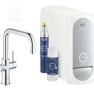 Zestaw startowy Grohe Blue Home z wylewką w kształcie U, chrom, bateria, filtr 600 l, chłodziarka i butla CO2, dostęp do wody zwykłej i filtrowanej / gazowanej, kąt obrotu wylewki 150° moduł Buetooth, głowica Ceramiczna 28 mm 31456001 Zestaw startowy Grohe Blue Home z wylewką w kształcie U, chrom, bateria, filtr 600 l, chłodziarka i butla CO2, dostęp do wody zwykłej i filtrowanej / gazowanej, kąt obrotu wylewki 150° moduł Buetooth, głowica Ceramiczna 28 mm 31456001