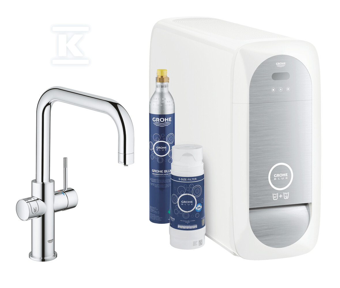 Zestaw startowy Grohe Blue Home z wylewką w kształcie U, chrom, bateria, filtr 600 l, chłodziarka i butla CO2, dostęp do wody zwykłej i filtrowanej / gazowanej, kąt obrotu wylewki 150° moduł Buetooth, głowica Ceramiczna 28 mm 31456001 - obrazek 1