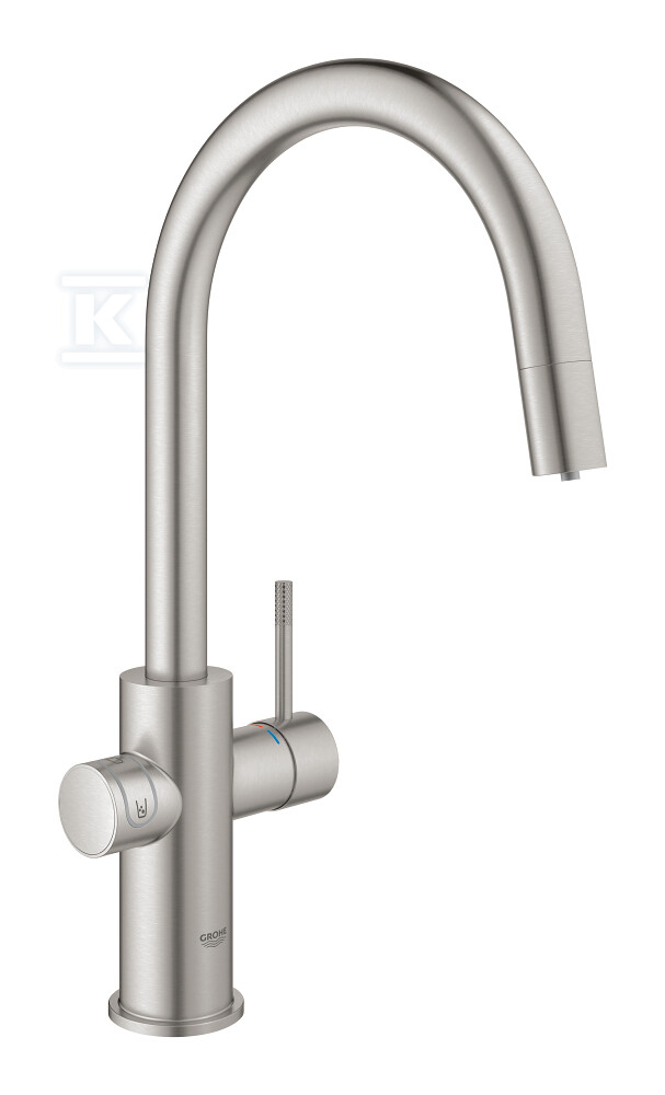 Zestaw startowy Grohe Blue Home z wylewką w kształcie C, stal nierdzewna, bateria, filtr 600 l, chłodziarka i butla CO2, dostęp do wody zwykłej i filtrowanej / gazowanej, kąt obrotu wylewki 360° moduł Buetooth, głowica Ceramiczna 28 mm, wyciągana wylewka 31541DC0 - obrazek 1