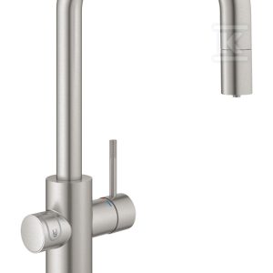 Zestaw startowy Grohe Blue Home z wylewką w kształcie U, stal nierdzewna, bateria, filtr 600 l, chłodziarka i butla CO2, dostęp do wody zwykłej i filtrowanej / gazowanej, kąt obrotu wylewki 360° moduł Buetooth, głowica Ceramiczna 28 mm, wyciągana wylewka 31543DC0 Zestaw startowy Grohe Blue Home z wylewką w kształcie U, stal nierdzewna, bateria, filtr 600 l, chłodziarka i butla CO2, dostęp do wody zwykłej i filtrowanej / gazowanej, kąt obrotu wylewki 360° moduł Buetooth, głowica Ceramiczna 28 mm, wyciągana wylewka 31543DC0