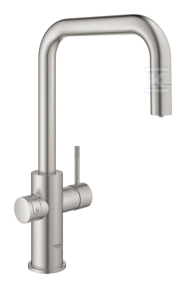 Zestaw startowy Grohe Blue Home z wylewką w kształcie U, stal nierdzewna, bateria, filtr 600 l, chłodziarka i butla CO2, dostęp do wody zwykłej i filtrowanej / gazowanej, kąt obrotu wylewki 360° moduł Buetooth, głowica Ceramiczna 28 mm, wyciągana wylewka 31543DC0 - obrazek 1