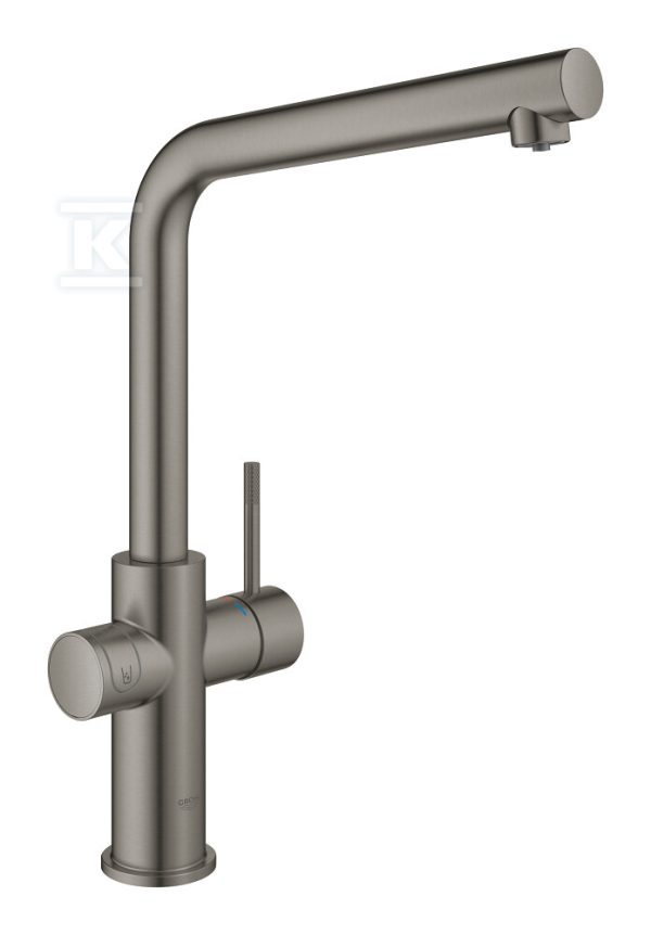 Zestaw startowy GROHE Blue Home z wylewką w kształcie L, brushed hard graphite, bateria, filtr rozmiar S, chłodziarka i butla CO2, dostęp do wody zwykłej i filtrowanej/gazowanej kąt obrotu wylewki 150°, moduł Buetooth, głowica ceramiczna 28 mm 31454AL1