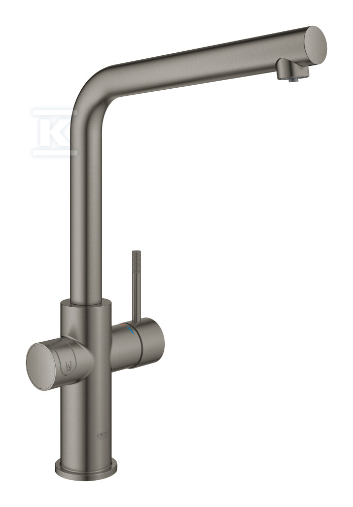 Zestaw startowy GROHE Blue Home z wylewką w kształcie L, brushed hard graphite, bateria, filtr rozmiar S, chłodziarka i butla CO2, dostęp do wody zwykłej i filtrowanej/gazowanej kąt obrotu wylewki 150°, moduł Buetooth, głowica ceramiczna 28 mm 31454AL1 - obrazek 1