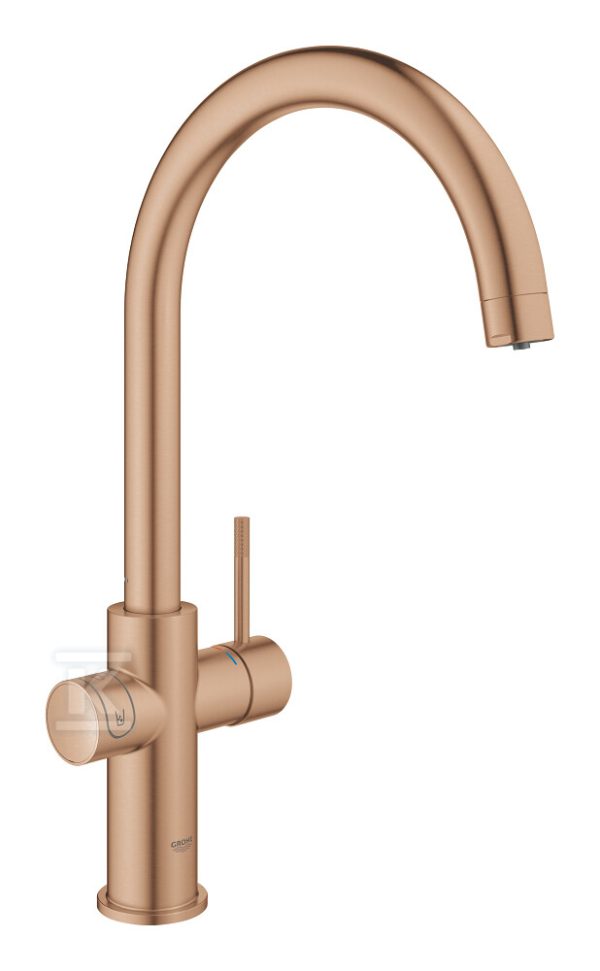 Zestaw startowy GROHE Blue Home z wylewką w kształcie C, brushed warm sunset, bateria, filtr rozmiar S, chłodziarka i butla CO2, dostęp do wody zwykłej i filtrowanej/gazowanej kąt obrotu wylewki 150°, moduł Buetooth, głowica ceramiczna 28 mm 31455DL1