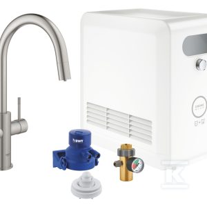 Zestaw Grohe Blue Professional z wylewką w kształcie C, stal nierdzewna, bateria i chłodziarka, dostęp do wody zwykłej i filtrowanej / gazowanej, kąt obrotu wylewki 360° moduł Buetooth, głowica Ceramiczna 28 mm, wyciągana wylewka, większa wydajność – do 12 l schłodzonej wody na godzinę 31325DC2 Zestaw Grohe Blue Professional z wylewką w kształcie C, stal nierdzewna, bateria i chłodziarka, dostęp do wody zwykłej i filtrowanej / gazowanej, kąt obrotu wylewki 360° moduł Buetooth, głowica Ceramiczna 28 mm, wyciągana wylewka, większa wydajność – do 12 l schłodzonej wody na godzinę 31325DC2