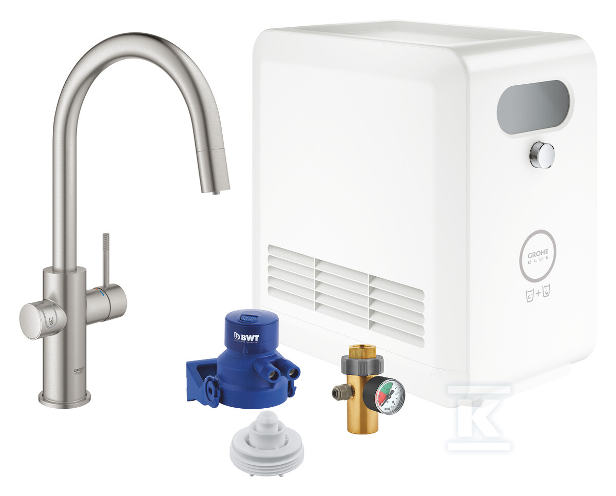 Zestaw Grohe Blue Professional z wylewką w kształcie C, stal nierdzewna, bateria i chłodziarka, dostęp do wody zwykłej i filtrowanej / gazowanej, kąt obrotu wylewki 360° moduł Buetooth, głowica Ceramiczna 28 mm, wyciągana wylewka, większa wydajność - do 12 l schłodzonej wody na godzinę 31325DC2 - obrazek 1