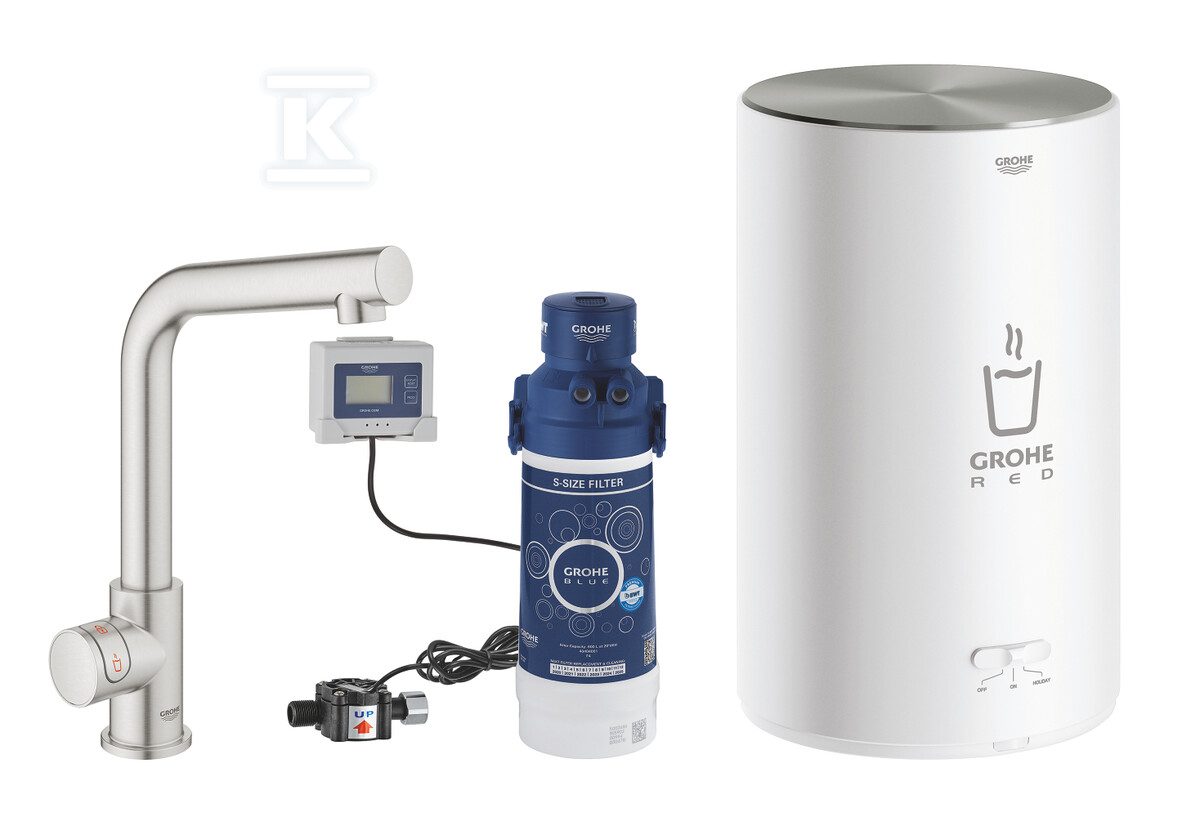 System gotujący wodę Grohe Red Duo kuchenny, stal nierdzewna, zawór sztorcowy i bojler 4 l, dostęp tylko do wrzątku, blokada bezpieczeństwa, kąt obrotu wylewki typu L 150° filtr w zestawie 30339DC1 - obrazek 1