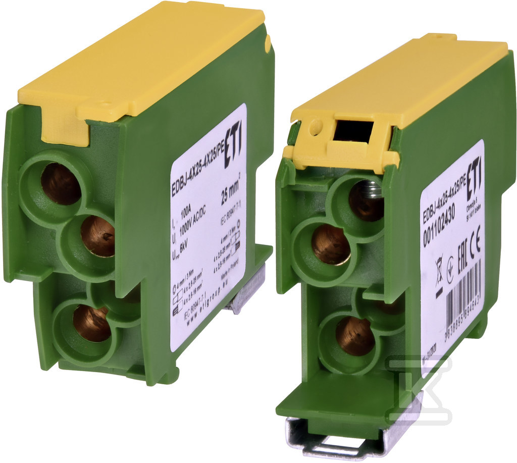 Blok rozdzielczy 100A (4x1,5-25mm2-4x1,5-25mm2) żółto-zielony EDBJ-4X25-4X25/PE 001102430 - obrazek 1