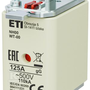 Wkładka bezpiecznikowa – NH00 gG 125A/500V G – zwłoczna / pokrywy stalowe 004111231 Wkładka bezpiecznikowa – NH00 gG 125A/500V G – zwłoczna / pokrywy stalowe 004111231
