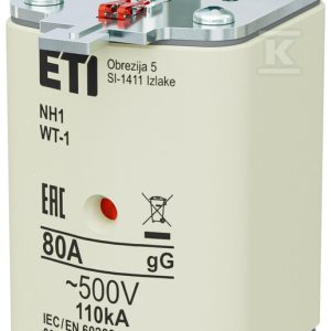 Wkładka bezpiecznikowa – NH1 gG 80A/500V G – zwłoczna / pokrywy stalowe 004113424 Wkładka bezpiecznikowa – NH1 gG 80A/500V G – zwłoczna / pokrywy stalowe 004113424