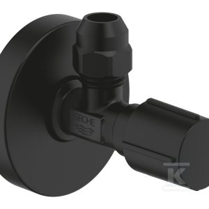 Zawór kątowy – oznakowanie neutralne, gwint zewnętrzny 3/8″, metalowa rozeta O 55 mm, czarny mat 22074KF0 Zawór kątowy – oznakowanie neutralne, gwint zewnętrzny 3/8″, metalowa rozeta O 55 mm, czarny mat 22074KF0