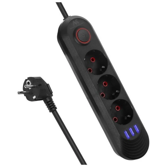 Listwa zasilająca Maclean, przedłużacz 3gniazda + 3xUSB, 110‑240V AC 50/60Hz, 2.1A max 2500W, 1,5m, czarna ,MCE394 B - obrazek 1