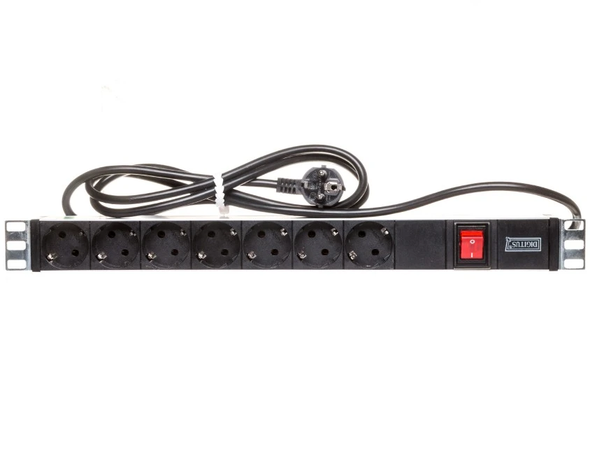 Listwa zasilająca do szaf rack (PDU) 19 cali 7x Schuko, wyłącznik podświetlany DN‑95402 - obrazek 1