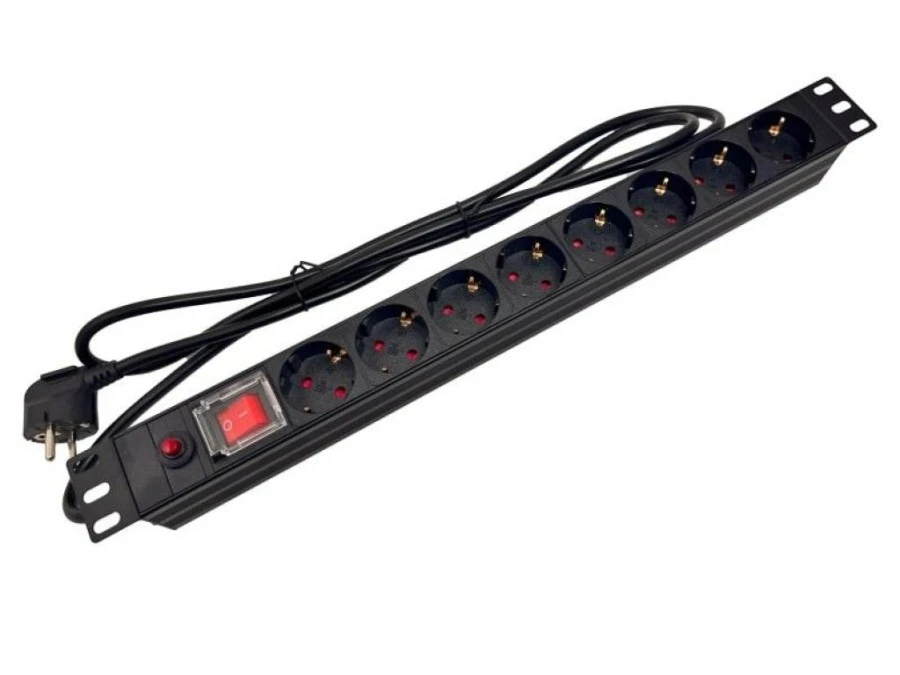 Listwa zasilająca rack 19 cali PDU gniazdo 9 x CEE 7/3 wtyk CEE 7/7 z wyłącznikiem i zabezpieczeniem - obrazek 1